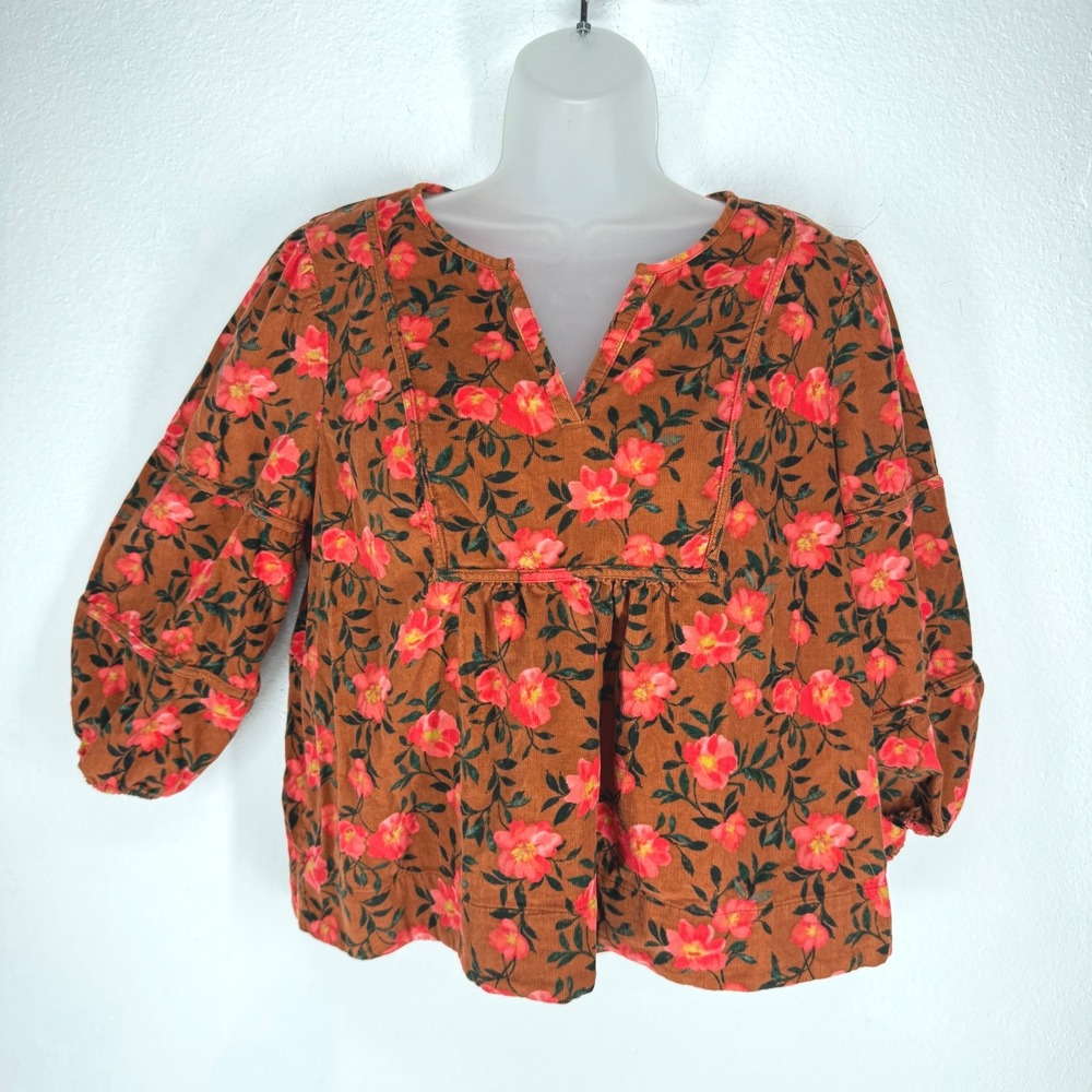 Sonoma Floral Corduroy Puff Sleeve Oversized Top Brown Size M Folk Indie Granola